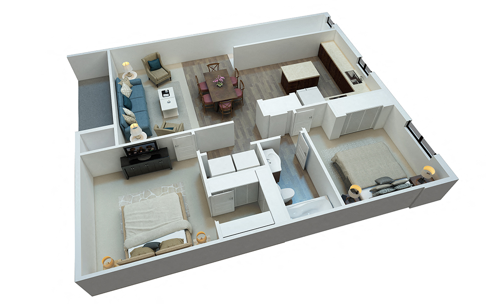 Floor plan for 2 beds, 1 bath, 810 sqft
